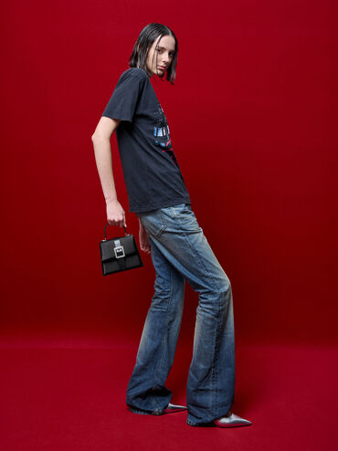 Satin Crystal-Buckle Belted Top Handle Bag, Noir, hi-res