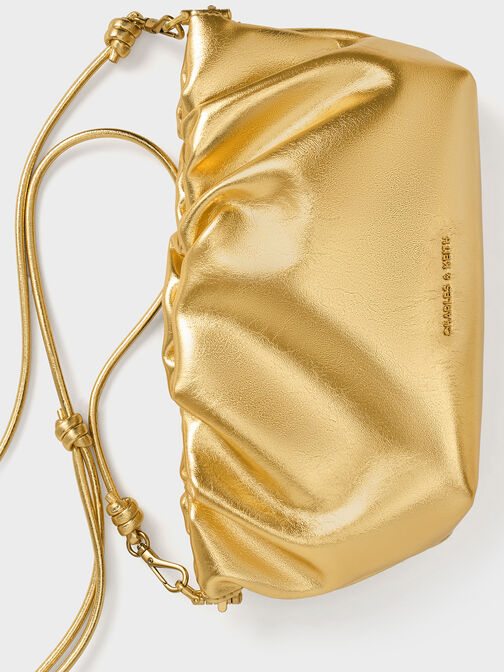 Brigette Metallic Ruched Chain-Handle Clutch, Gold, hi-res