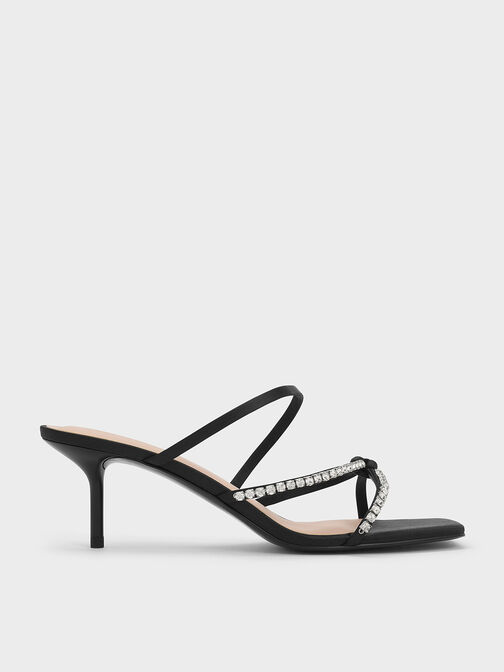 Recycled Polyester Gem-Embellished Strappy Heeled Sandals, Black Textured, hi-res