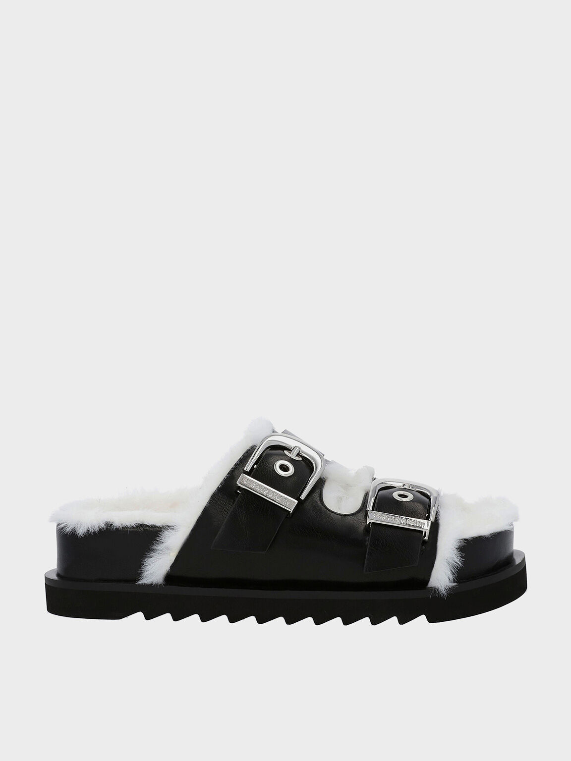 Charles Keith Hannah Furry Buckled Double Strap Sandals Black US 5