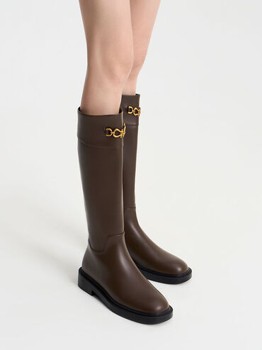 Metallic Chain Accent Knee-High Boots, Dark Brown, hi-res