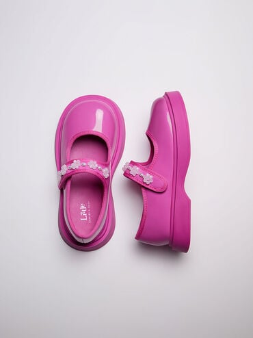 兒童小花漆皮瑪莉珍鞋, 紫紅色, hi-res