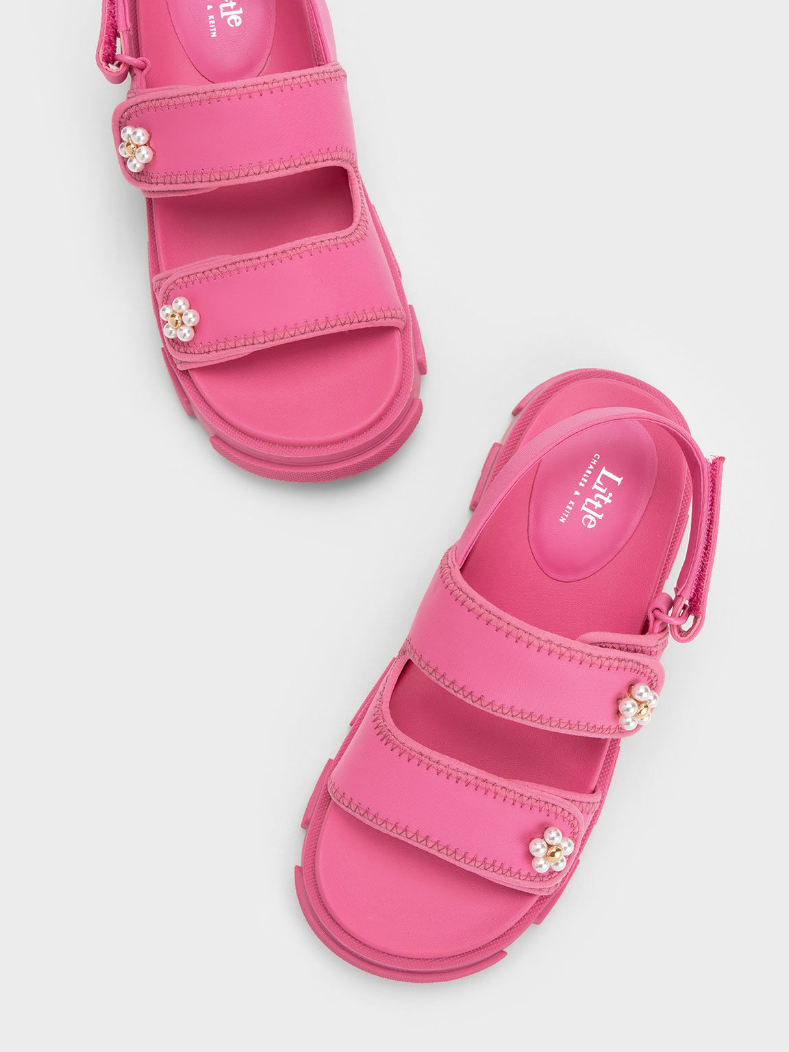 兒童珍珠小花雙帶涼鞋, 粉紅色, hi-res