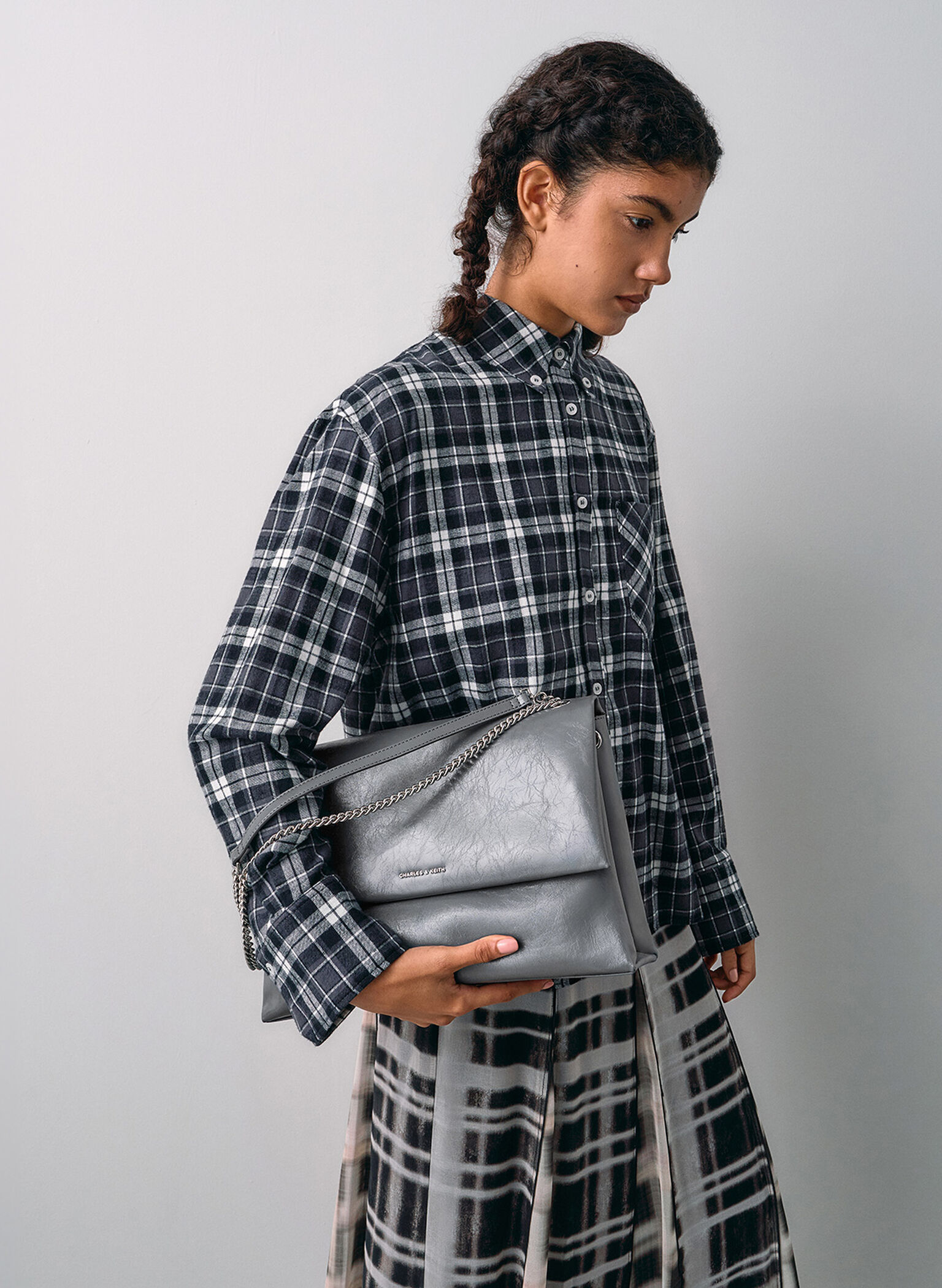 Sianna Chain-Handle Shoulder Bag, Grey, hi-res