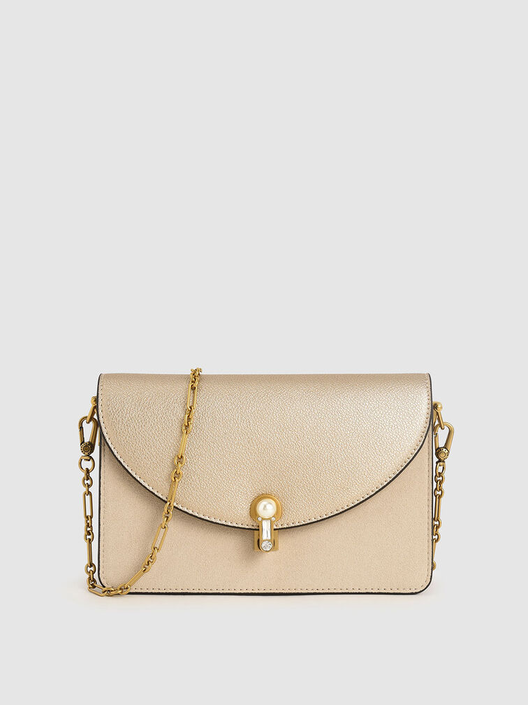 Textured Turn-Lock Clutch, Nude, hi-res