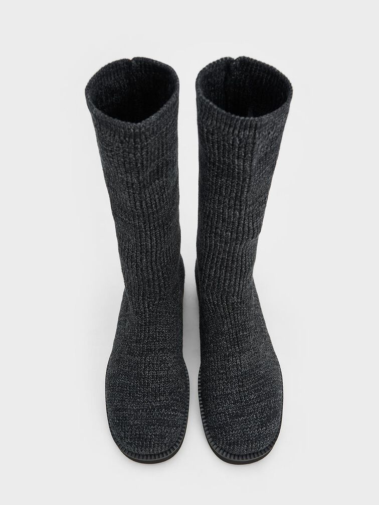 Carly Knitted Sock Mid-Calf Boots, Black Textured, hi-res