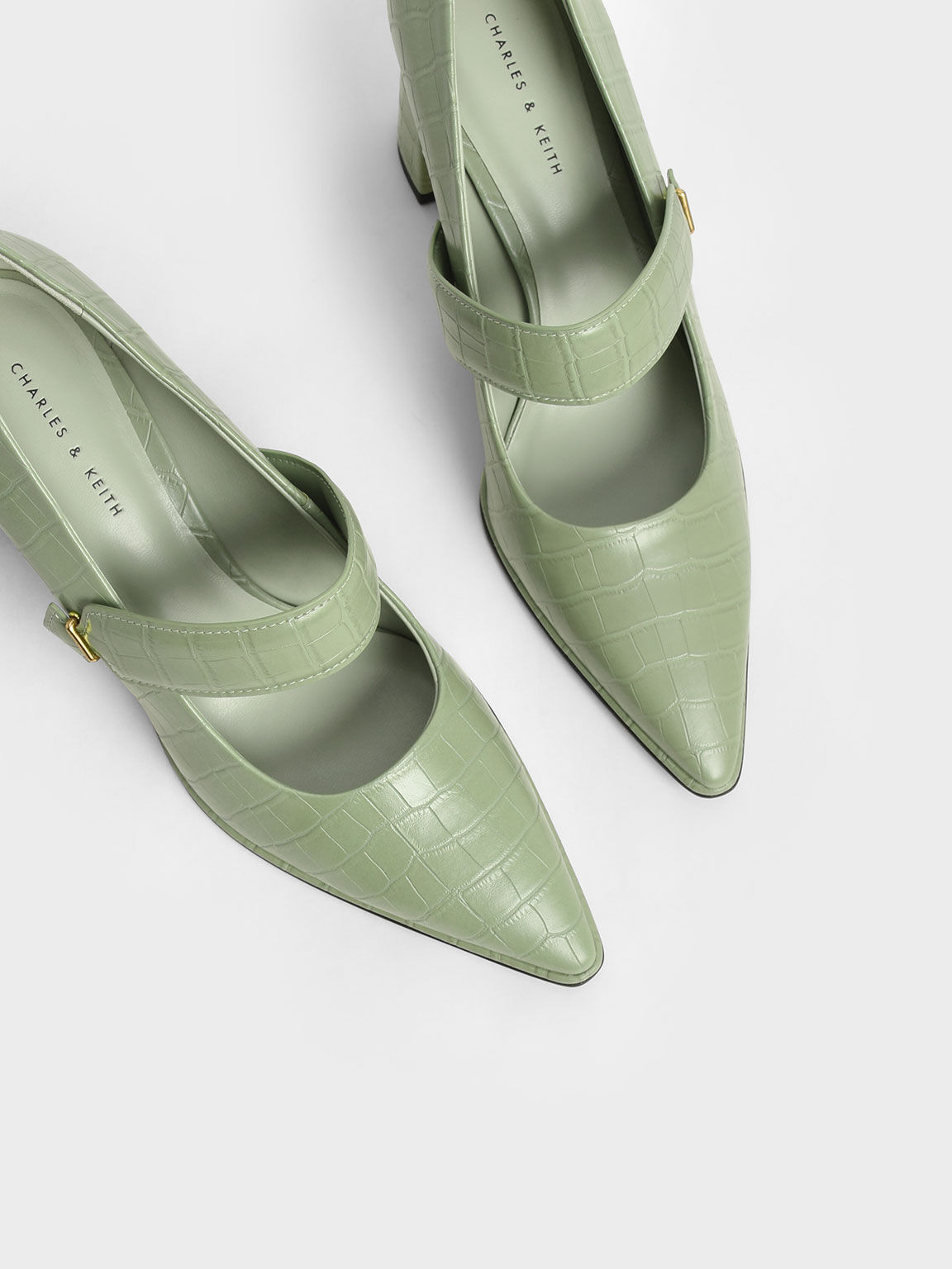 Green Serafina Croc Effect Mary Jane Pumps CHARLES KEITH International
