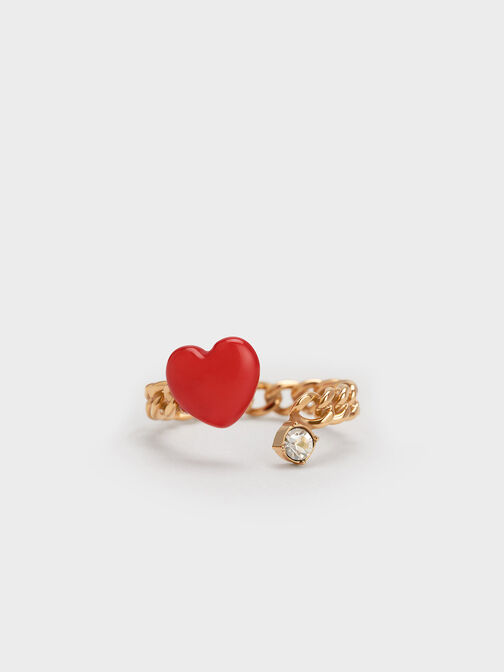Heart Embellished Chain-Link Ring, Red, hi-res