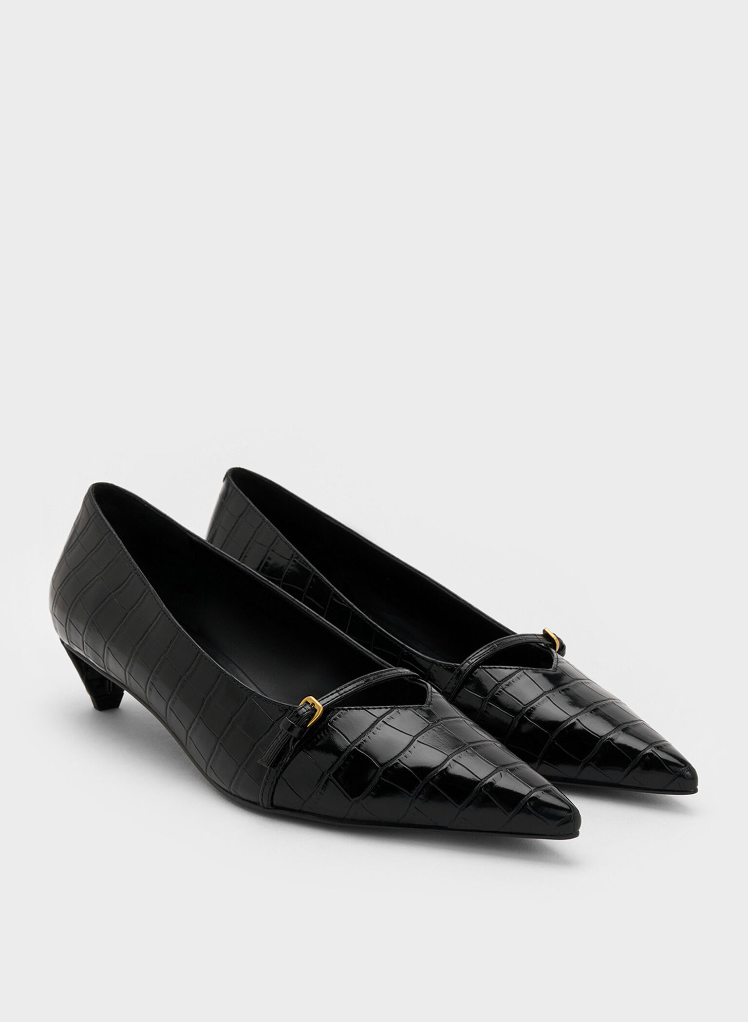 Croc-Effect Buckled Pointed-Toe Kitten-Heel Pumps, Animal Print Black, hi-res