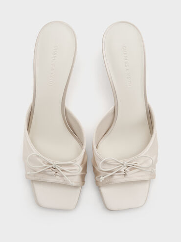 Satin Ruched Bow Heeled Mules, Chalk, hi-res