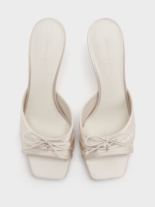 Satin Ruched Bow Heeled Mules, Chalk, hi-res
