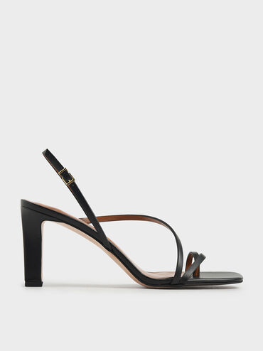 Asymmetric Strap Open Toe Sandals, Black, hi-res