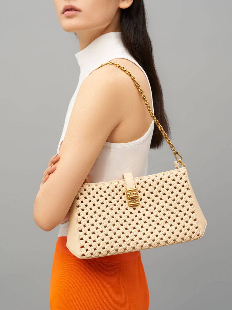 Nova Woven Chain-Handle Shoulder Bag, Beige, hi-res