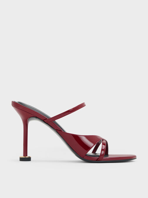 Patent Crossover Sculptural-Heel Strappy Mules, Red, hi-res