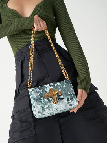 Meriah Velvet Chain Strap Crossbody Bag, Steel Blue, hi-res