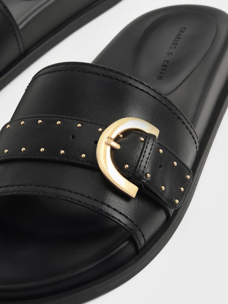 Studded Buckle Slide Sandals, Black, hi-res
