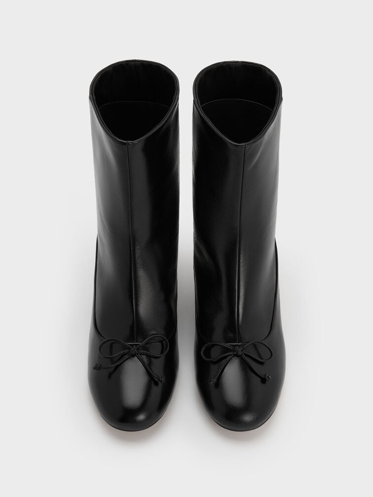 Aretha Leather Bow Kitten-Heel Calf Boots, Black, hi-res
