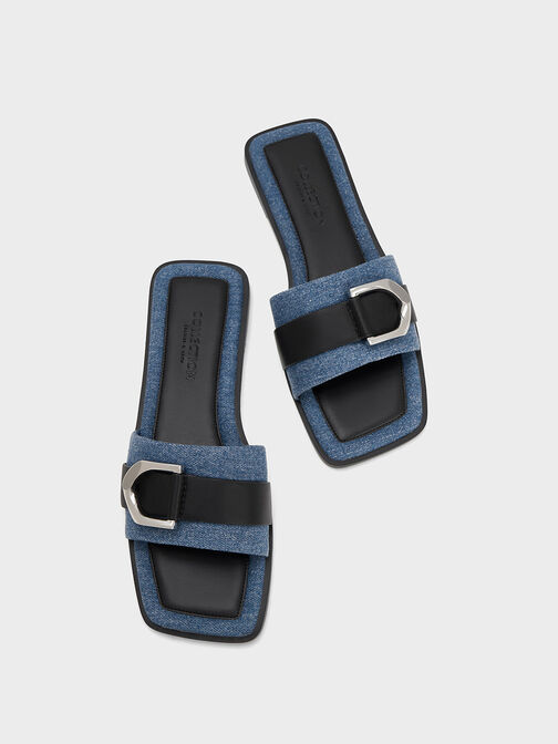 Gabine Leather & Denim Slide Sandals, Blue, hi-res