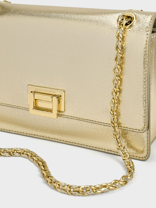 Bolso Everline con correa trenzada y purpurina, Dorado, hi-res