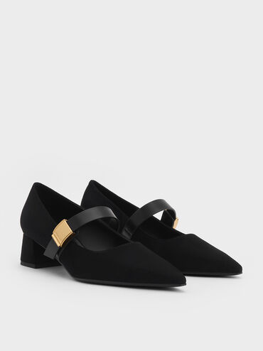 Yvette Faux Suede Metallic-Accent Mary Jane Pumps, Black Textured, hi-res
