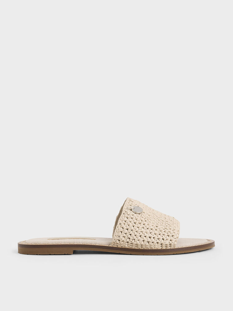 Raffia Woven Slide Sandals, Beige, hi-res