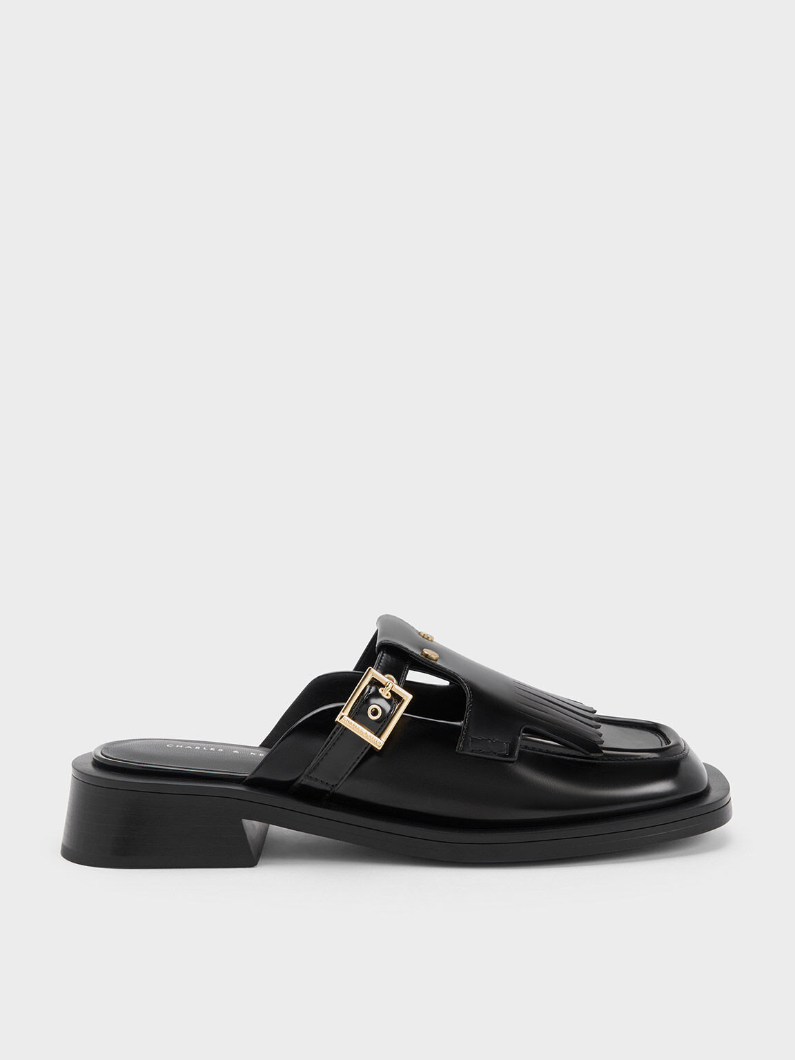 Studded Cut-Out Fringe Mules, Black Boxed, hi-res