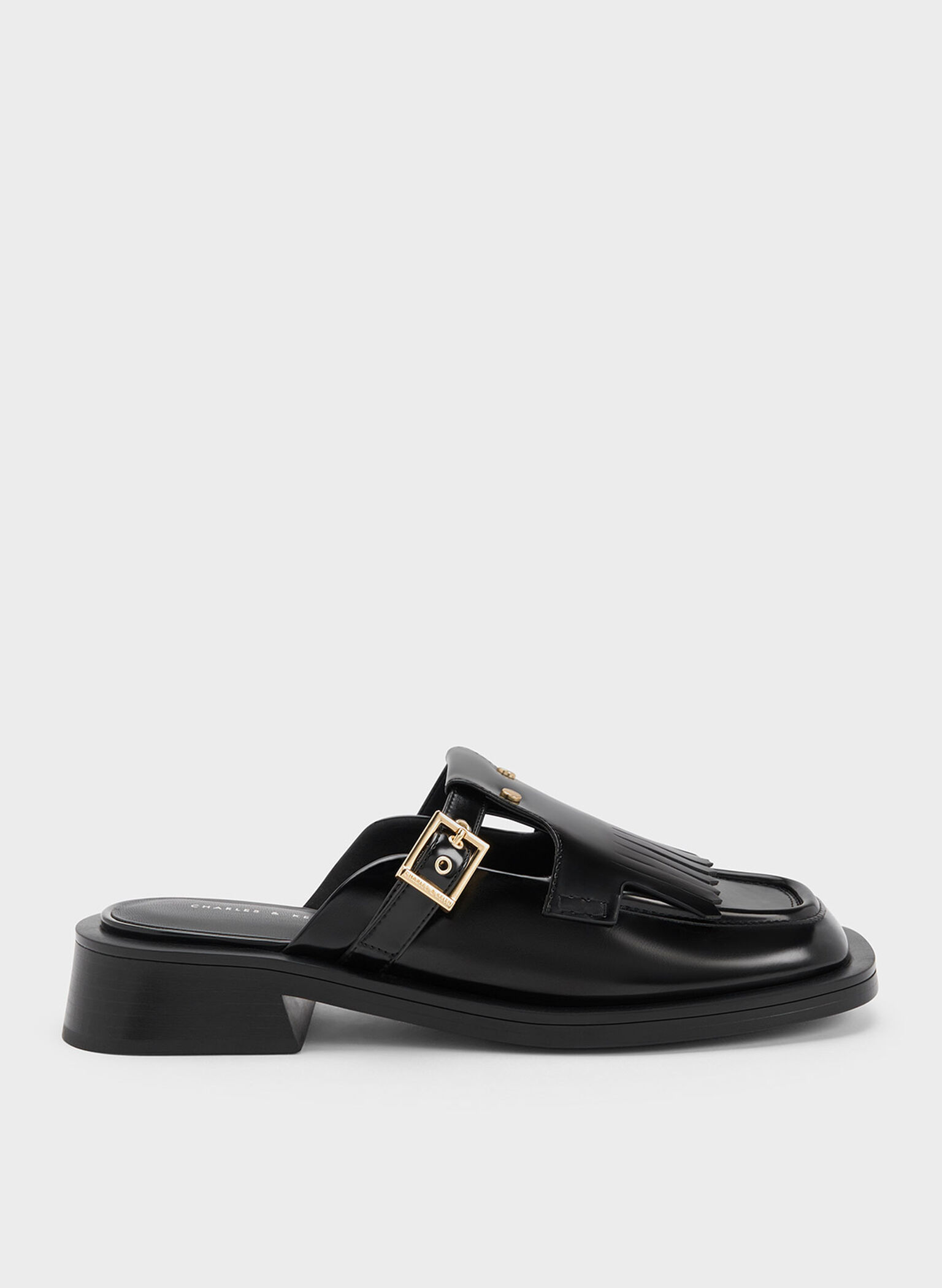 Black Boxed Studded Cut-Out Fringe Mules - CHARLES & KEITH US