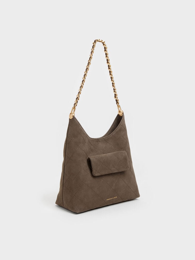 Bolso hobo Duo acolchado con cadena y bolsillo frontal, Stone Grey, hi-res