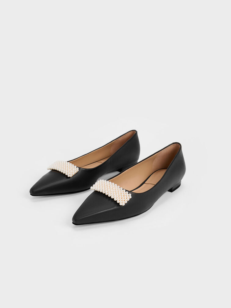 真皮珍珠釦平底鞋, 黑色, hi-res