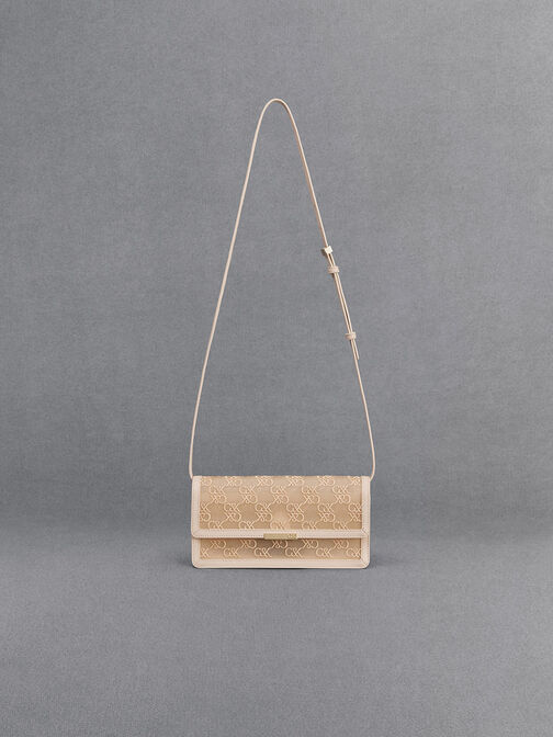 Bolso de malla y cuero con monograma, Beige, hi-res