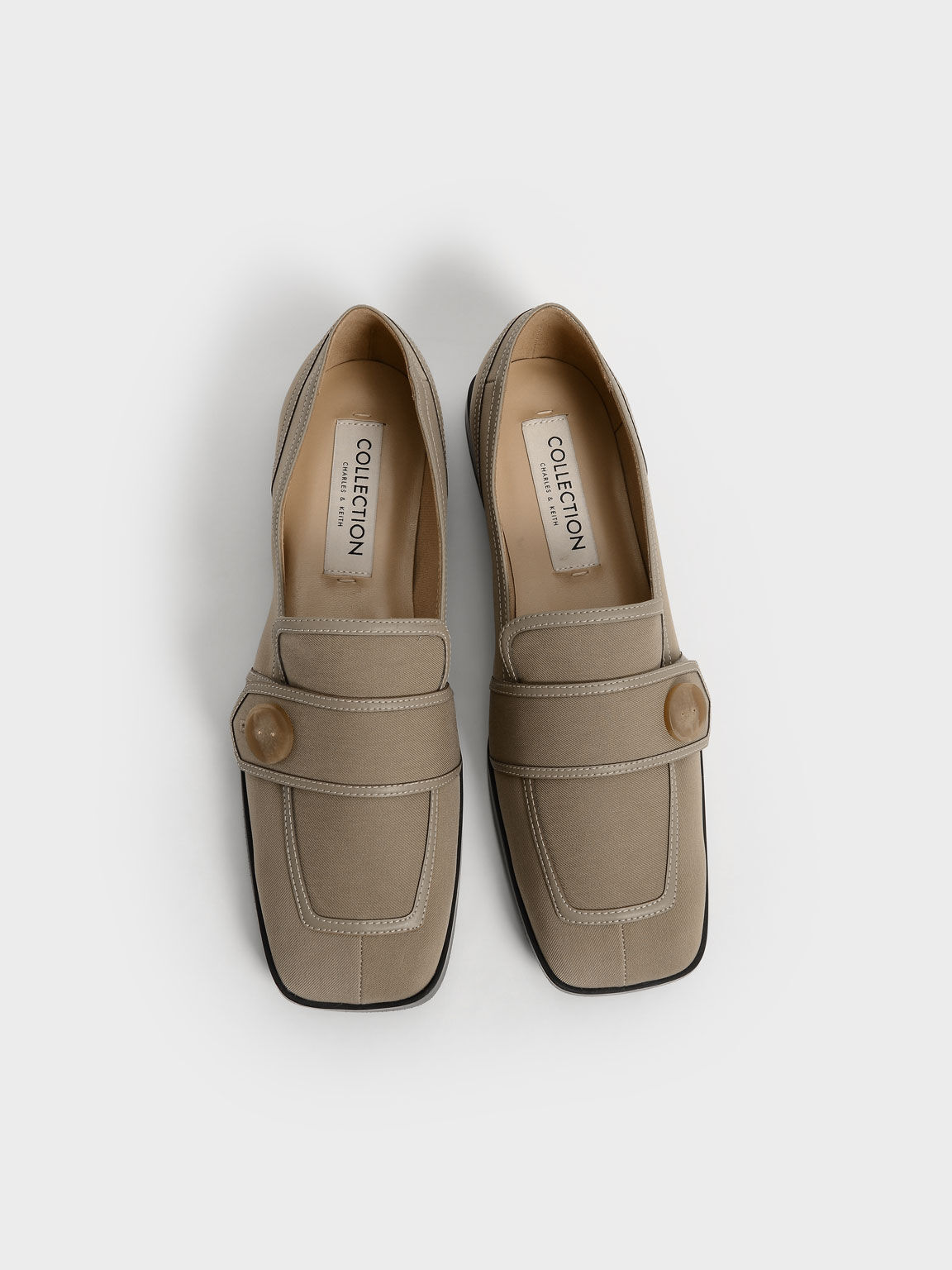 Taupe Button-Embellished Twill Loafers - CHARLES & KEITH International