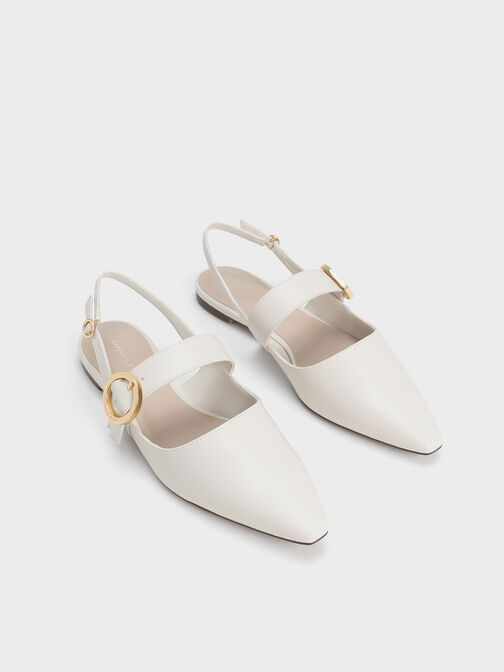 Buckled Strap Slingback Flats, White, hi-res