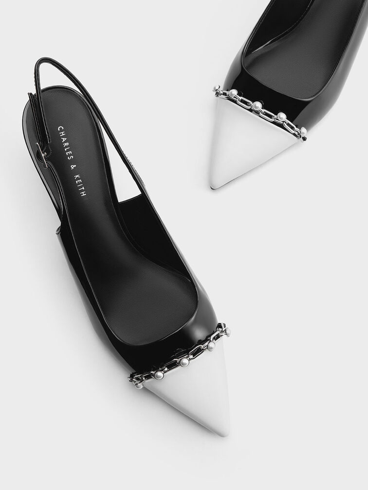 Patent Pearl Chain-Link Slingback Pumps, Black Patent, hi-res