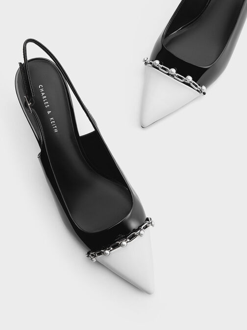 Patent Pearl Chain-Link Slingback Pumps, Black Patent, hi-res