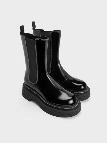 Stitch-Trim Platform Mid-Calf Chelsea Boots, Black Box, hi-res
