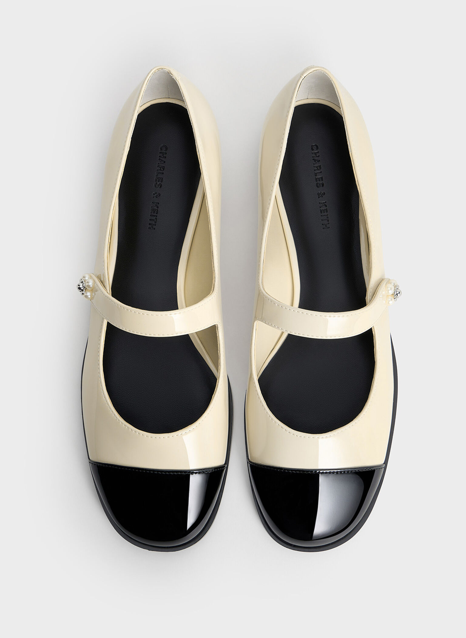 Patent Pearl-Embellished Flower-Buckle Cap-Toe Mary Janes, Chalk, hi-res