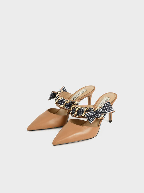 Printed Fabric Bow Leather Mules, Caramel, hi-res