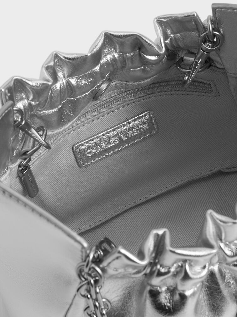 Bolso fruncido Brigette con asa de cadena y purpurina, Plateado, hi-res