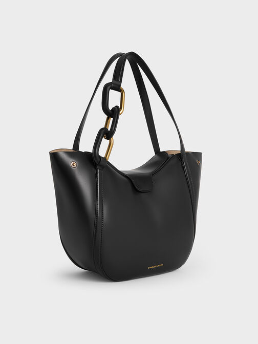 Bolso tote Kora con detalles metálicos, Negro, hi-res