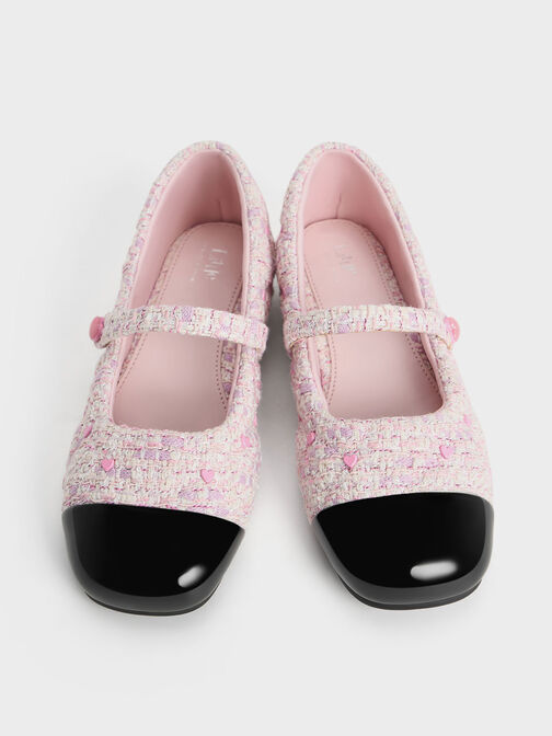 Girls' Tweed Heart-Motif Mary Janes, Pink, hi-res