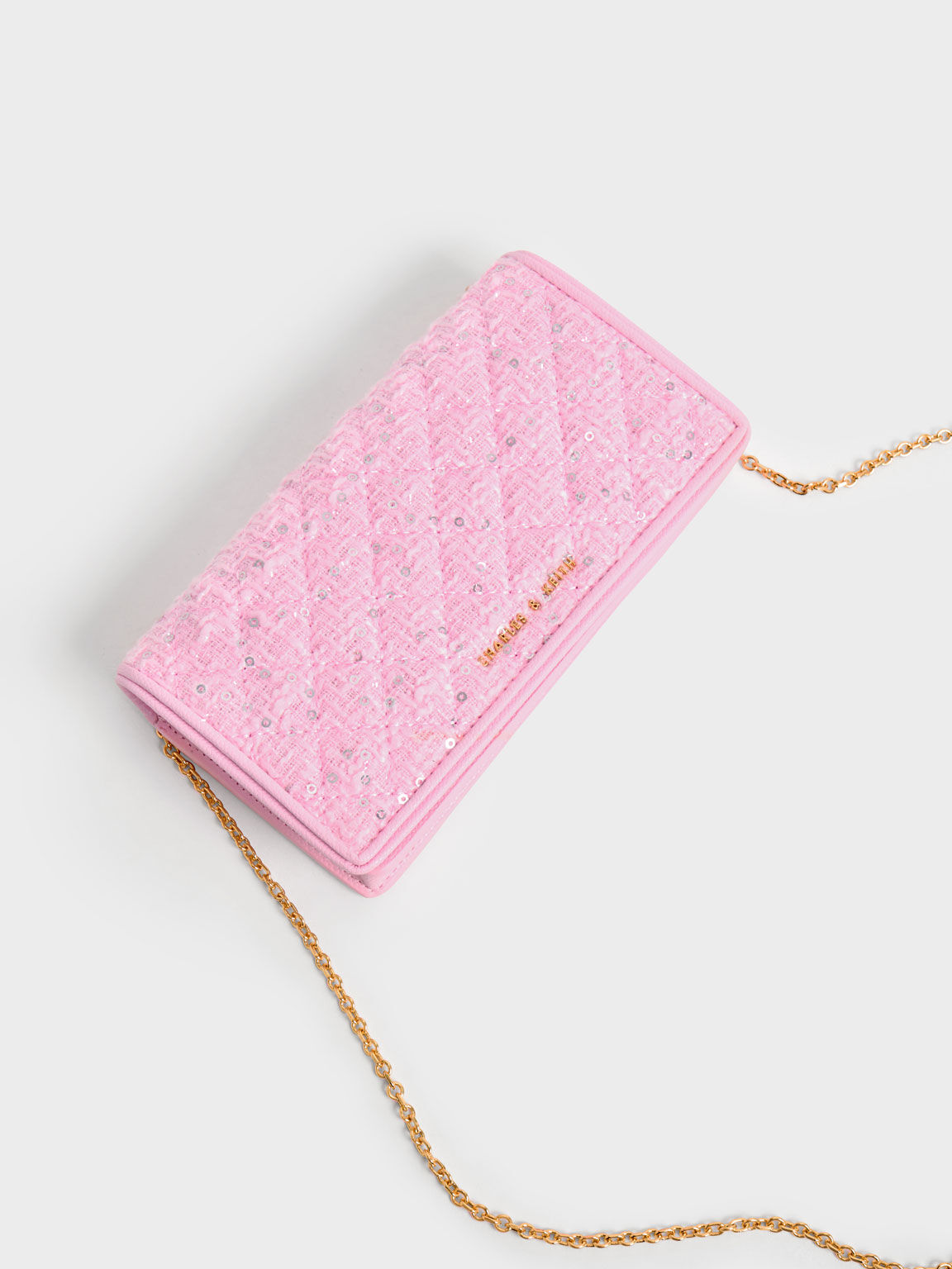 Tweed Quilted Pouch, Pink, hi-res