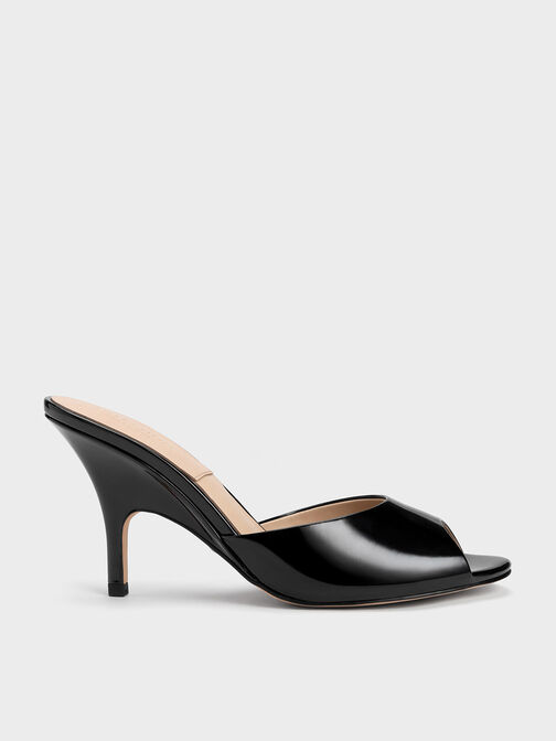 Patent Leather Round-Toe Heeled Mules, Black, hi-res