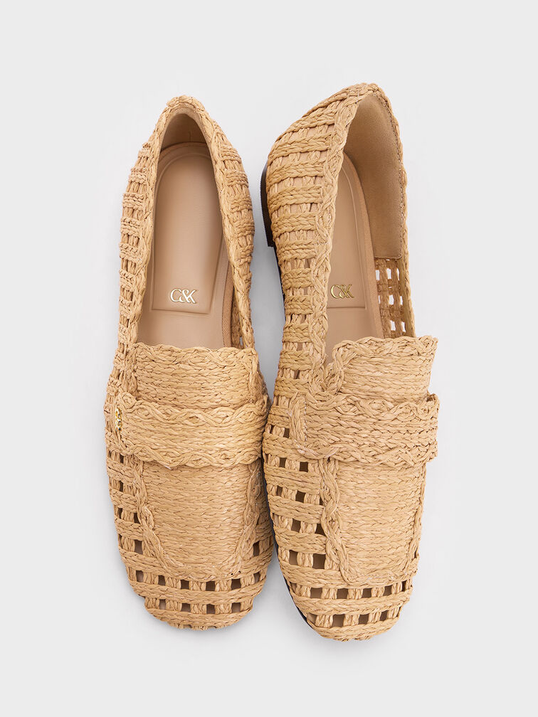Raffia Woven Loafers, Sand, hi-res