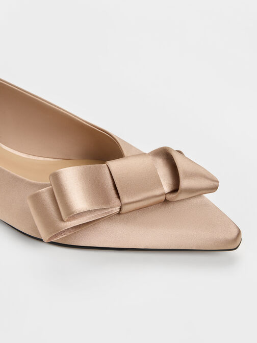 Pleated-Bow Pointed Ballet Flats, Nude, hi-res