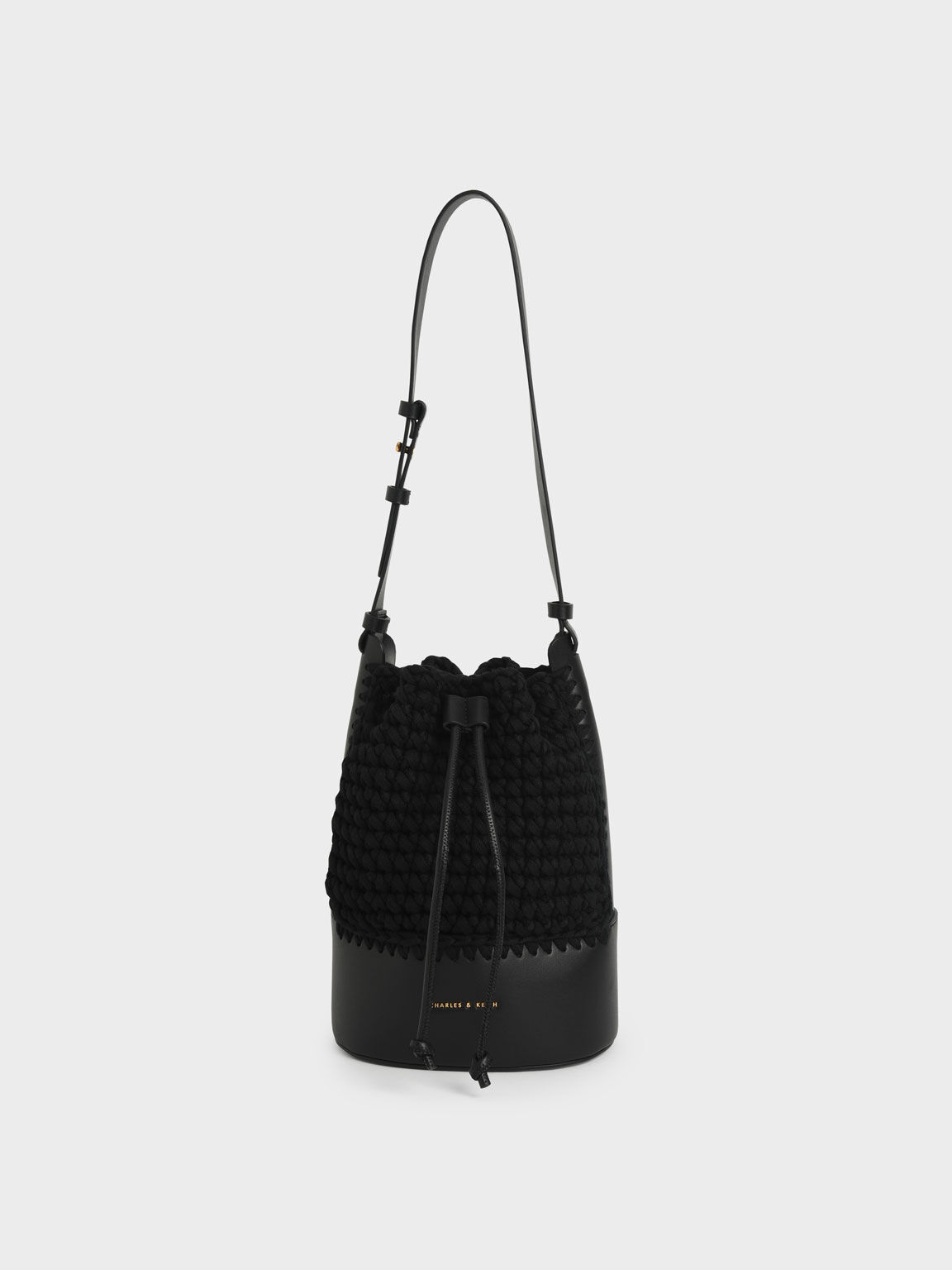 Crochet Drawstring Bucket Bag, Black, hi-res