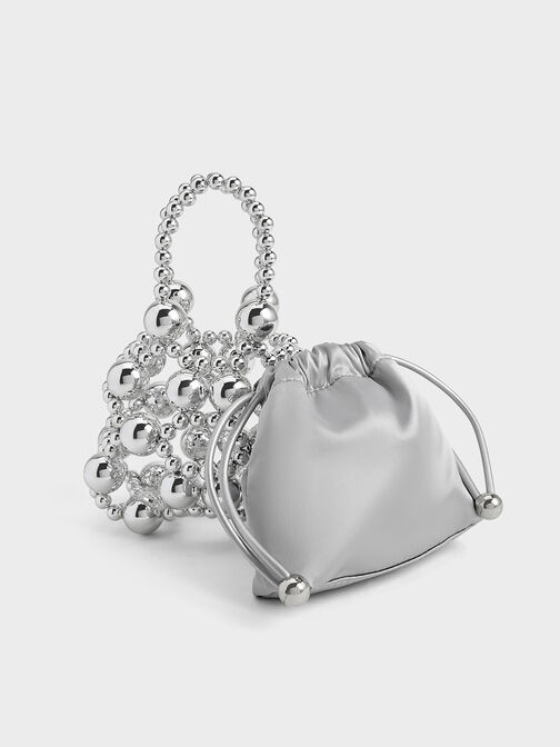 Metallic Beaded Top Handle Bag, Silver, hi-res