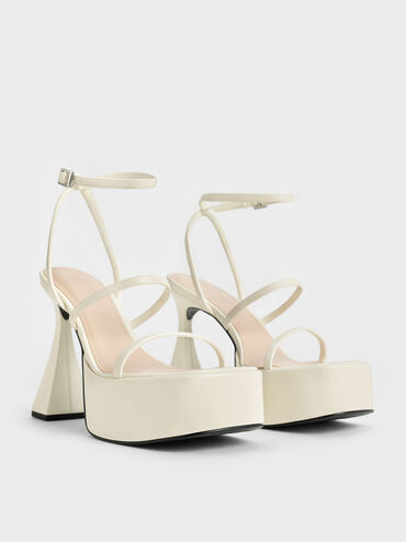 Strappy Sculptural-Heel Platform Sandals, Cream, hi-res