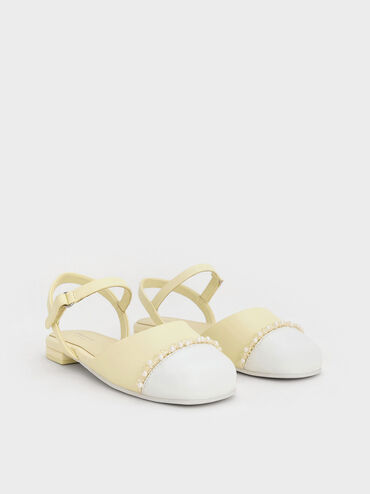 Girls' Pearl-Embellished Cap-Toe Ankle-Strap Flats, Butter, hi-res