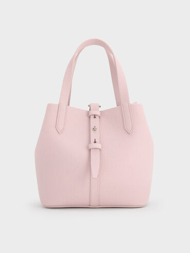 Beryl Recycled Leather Double-Handle Belted Bucket Bag, Cotton Candy Pink, hi-res