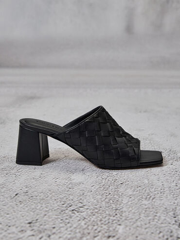 Woven Square-Toe Heeled Mules, Black, hi-res